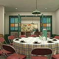 Traditional Chinese Private Dining Room With Round Table Checkered Tablecloth Red Chairs And Pendant Light