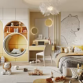 Kids Room With Circular Seating Nook White Yellow Wardrobes Bear Wall Decal Toys And Chandelier