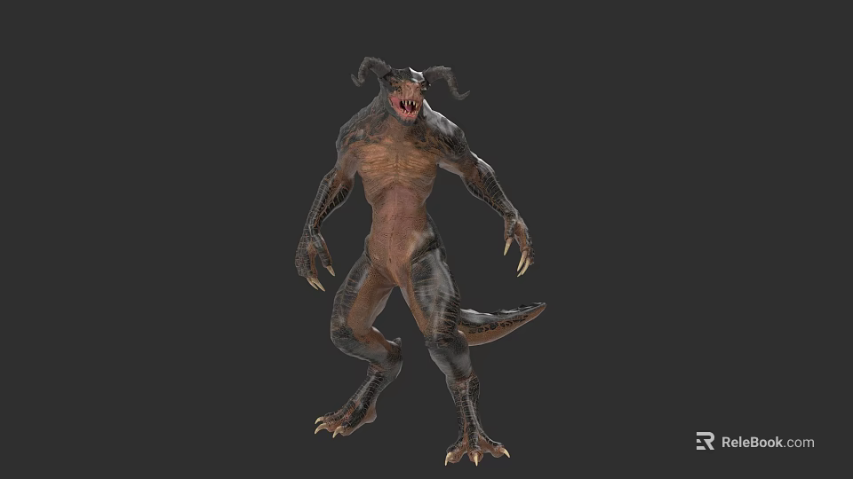 Horned Reptile Creature With Sharp Claws Teeth Muscular Body Standing Posture Dark Skin 3d model
