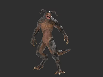 Horned Reptile Creature With Sharp Claws Teeth Muscular Body Standing Posture Dark Skin 3d model