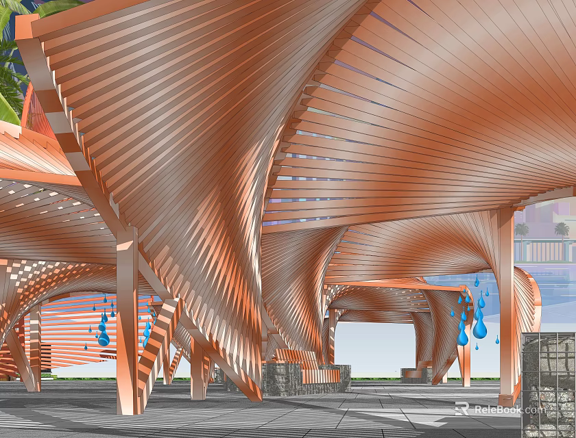 Copper Colored Pergola With Curved Wooden Roof And Blue Water Drop Pendants 3d model 
