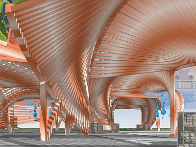 Copper Colored Pergola With Curved Wooden Roof And Blue Water Drop Pendants 3d model