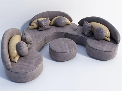 Modern Curved Sofa Set With Multiple Sections Round Ottoman And Beige Pillows 3d model