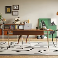 Modern Brown Desk And Chair Set With Laptop Phone Green Cat Art And Wooden Floor