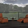 Orange Cozy Armchairs on Outdoor Terrace with Green Landscape and Small Round Table