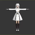 3D Character With Silver White Hair White Dress Black Accents Open Arms Gray Background