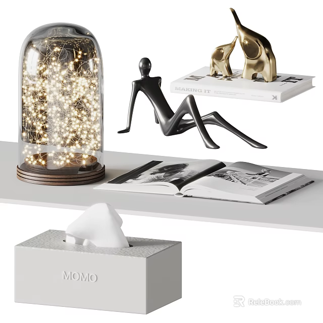 Modern Decorative Ornament Set With Glass Dome Lights Black Sculpture And Golden Statues 3d model 