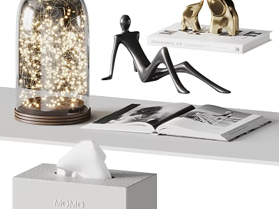 Modern Decorative Ornament Set With Glass Dome Lights Black Sculpture And Golden Statues 3d model
