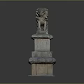 Traditional Decorative Stone Lion Sculpture Standing On Tiered Stone Pedestal