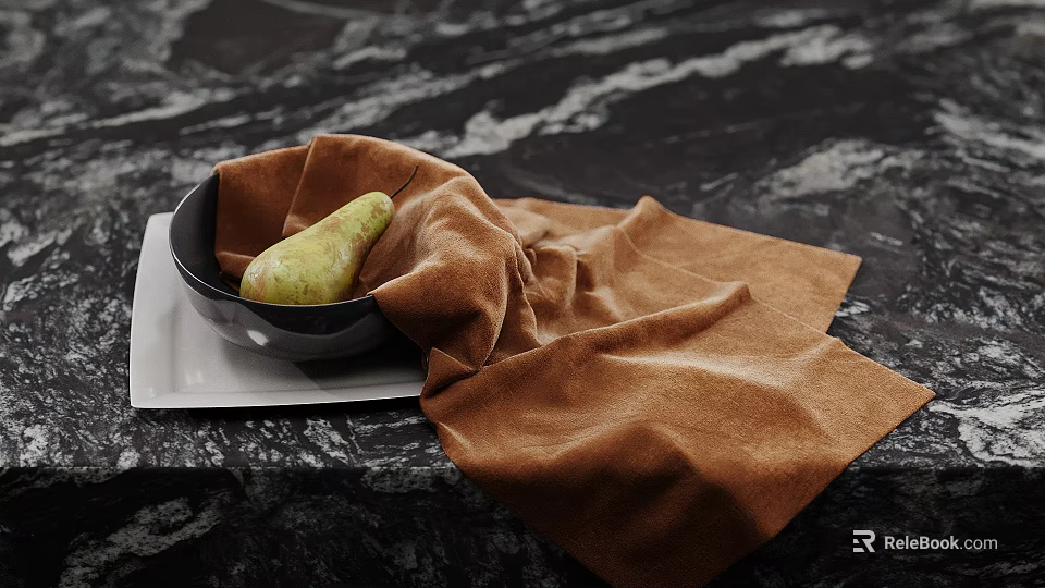 Stylish Decorative Ornament Set With Black Bowl Pear And Brown Cloth On Marble Countertop 3d model 