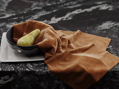 Stylish Decorative Ornament Set With Black Bowl Pear And Brown Cloth On Marble Countertop 3d model