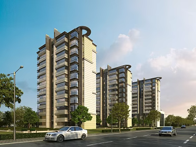 Modern High Rise Residential Buildings With Green Trees Street And Parked Cars 3d model