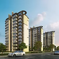 Modern High Rise Residential Buildings With Green Trees Street And Parked Cars