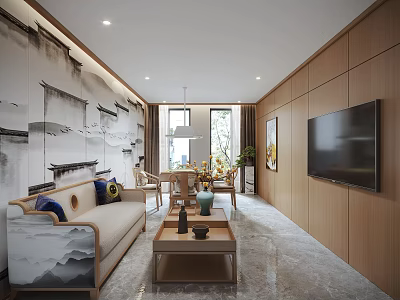 Hotel Mahjong Room Modern Interior With Sofa Coffee Table TV Landscape Painting And Wooden Panels 3d model