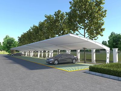 Modern Tensile Membrane Structural Carport For Outdoor Parking With Cars And Trees 3d model