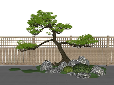 Sculptural Landscape with Artistic Pine Tree Rocks and Green Shrubs Wooden Fence Background 3d model