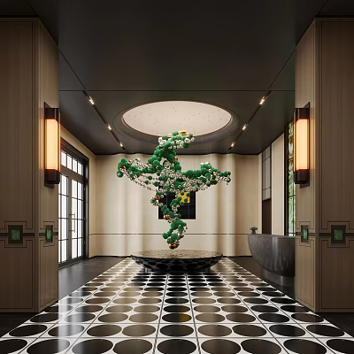Luxurious Hotel Lobby Interior With Green Plant Sculpture And Geometric Tile Floor 3d model