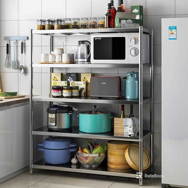 Multi-tier Kitchen Storage Rack Organizing Microwave Toaster Oven Pots Jars And Vegetables 3d model 