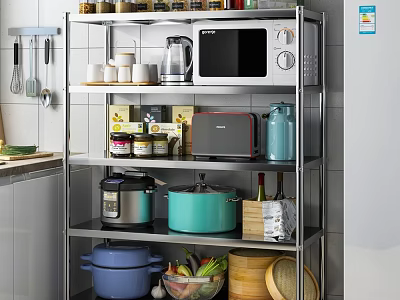 Multi-tier Kitchen Storage Rack Organizing Microwave Toaster Oven Pots Jars And Vegetables 3d model
