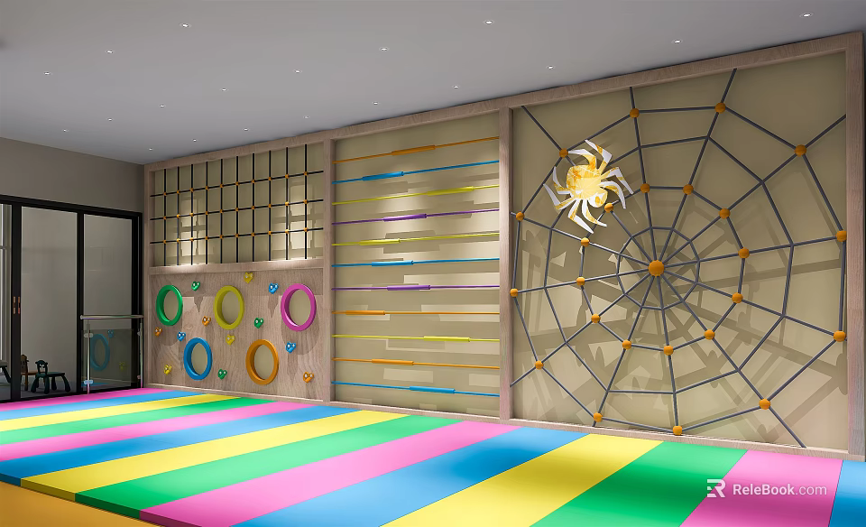 Indoor Kids Fitness Space With Colorful Mats Climbing Net And Ring Structures 3d model 