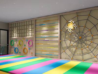 Indoor Kids Fitness Space With Colorful Mats Climbing Net And Ring Structures 3d model