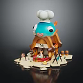 Cartoon Fish Shaped Building With Chef Hat Roof And Decorative Details
