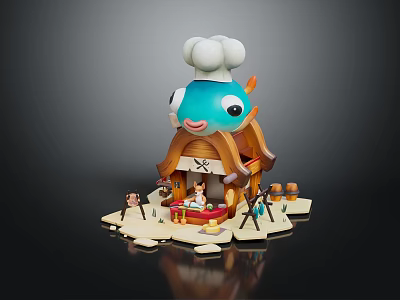 Cartoon Fish Shaped Building With Chef Hat Roof And Decorative Details 3d model