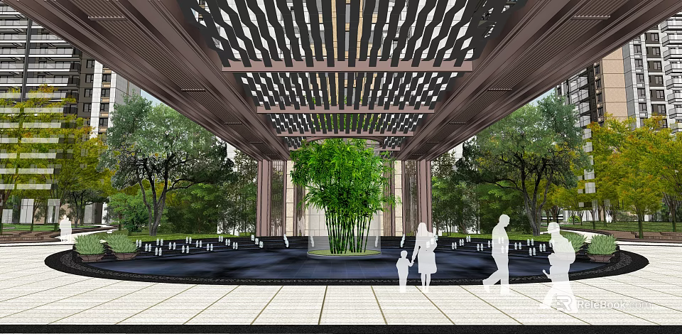 Residential Landscape With Pergola Lattice Ceiling Central Bamboo Water Feature Surrounded By Trees And People 3d model 