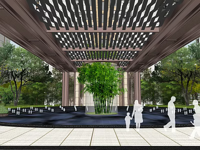 Residential Landscape With Pergola Lattice Ceiling Central Bamboo Water Feature Surrounded By Trees And People 3d model