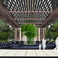 Residential Landscape With Pergola Lattice Ceiling Central Bamboo Water Feature Surrounded By Trees And People