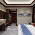 Modern Hotel Room Interior With Wall Mounted TV Desk Chair Wardrobe Robe And Slippers