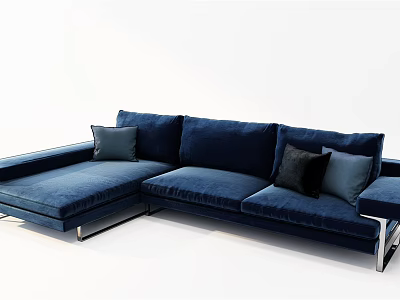 Navy Blue Sectional Sofa With Metal Legs And Throw Pillows In Modern Design 3d model