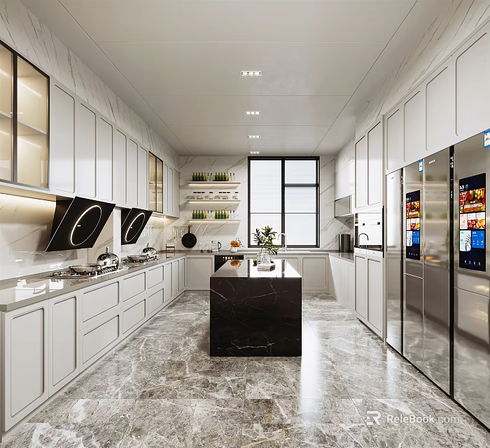 Sleek Modern Kitchen Interior With White Cabinets Black Island Marble Countertops And Stainless Steel Refrigerators 3d model 