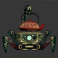 Ornate Mechanical Device With Red Teapot Top Green Structure Mechanical Legs And Golden Decorations