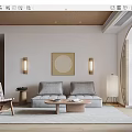 Natural Living Room Interior With Gray Sofa Wooden Coffee Table Decorative Painting And Wall Lamps