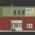 Red House Exterior With Large Windows Solar Panel Roof Chimney And Wooden Accents