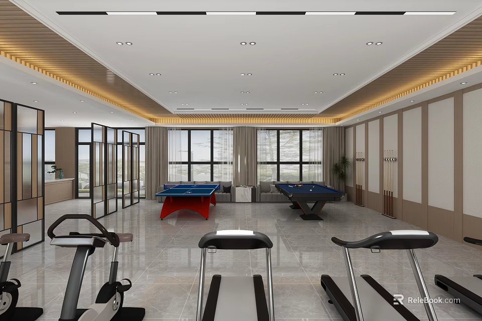 Spacious Modern Fitness Room With Treadmills Pool Tables And Bright Windows 3d model 
