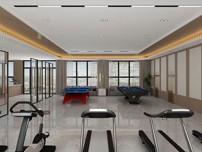 Spacious Modern Fitness Room With Treadmills Pool Tables And Bright Windows 3d model