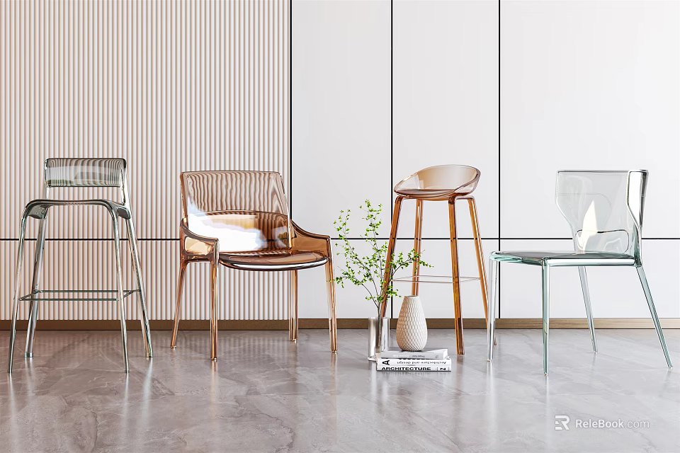 Modern Leisure Chairs With Transparent And Metallic Frames In Minimalist Interior With Plants 3d model 