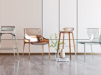 Modern Leisure Chairs With Transparent And Metallic Frames In Minimalist Interior With Plants 3d model