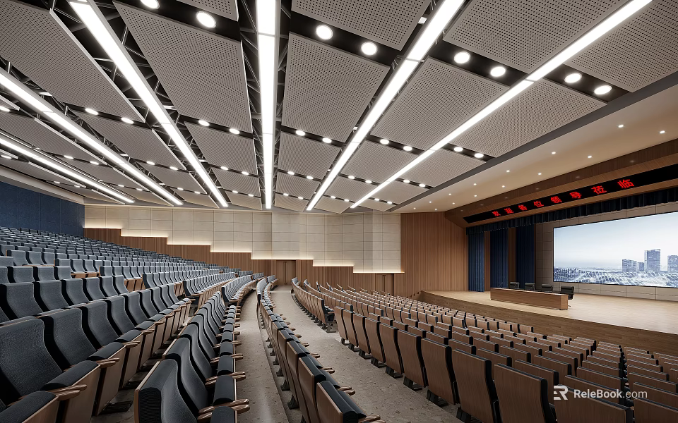 School Lecture Hall Interior With Rows Of Seats Stage And Lights 3d model 