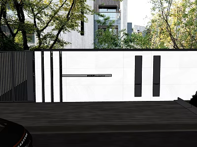 Modern Building Exterior Wall With White Facade Black Accent Lines And Trees Near Garage Area 3d model