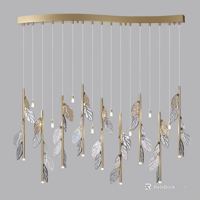 Elegant Modern Feather Design Pendant Light With Golden Stems And Glass Shades 3d model 