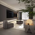 Modern Open Living and Dining Area With Marble Dining Table Grey Cabinets And Pendant Lights