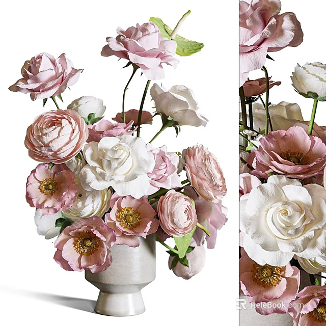 Elegant Ceramic Vase Arrangement With Pink And White Roses Peonies For Home Decor 3d model 