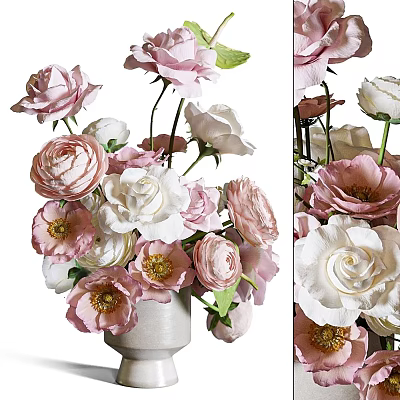 Elegant Ceramic Vase Arrangement With Pink And White Roses Peonies For Home Decor 3d model