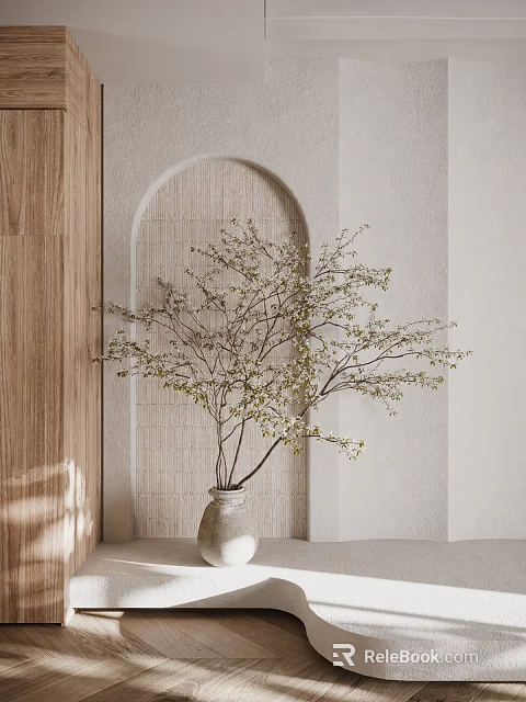 Minimalist Ceramic Vase With White Blossom Branches Against Light Wall And Wooden Decor 3d model 