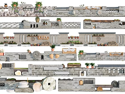 Traditional Stone Background Wall Design With Layered Textures Decorative Plants And Shelves 3d model