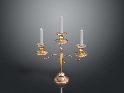 Three Arm Gold Copper Candelabra With White Candles And Ornate Base 3d model