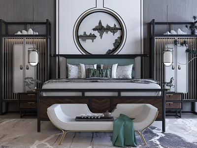 Chinese Style Bedroom Interior Featuring Background Double Bed Circular Landscape Decor And Bench 3d model